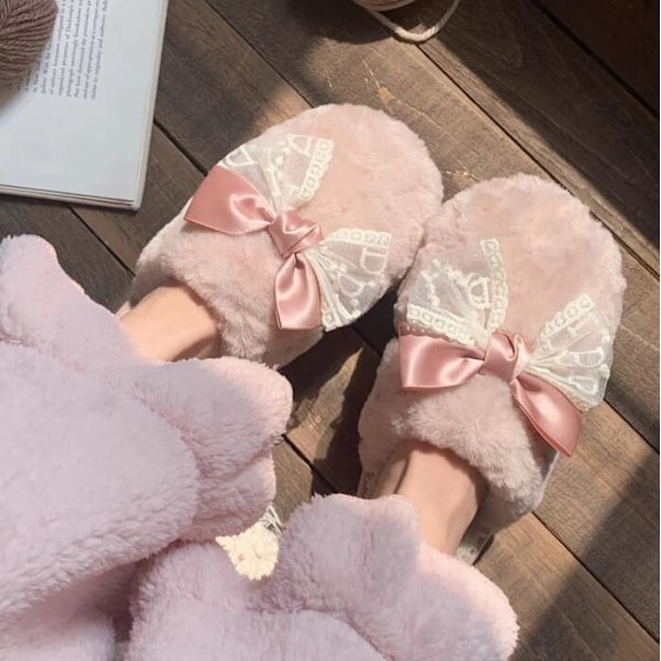 Fluffiga tofflor med rosett i färgblock för höst och vinter Pink 40-41