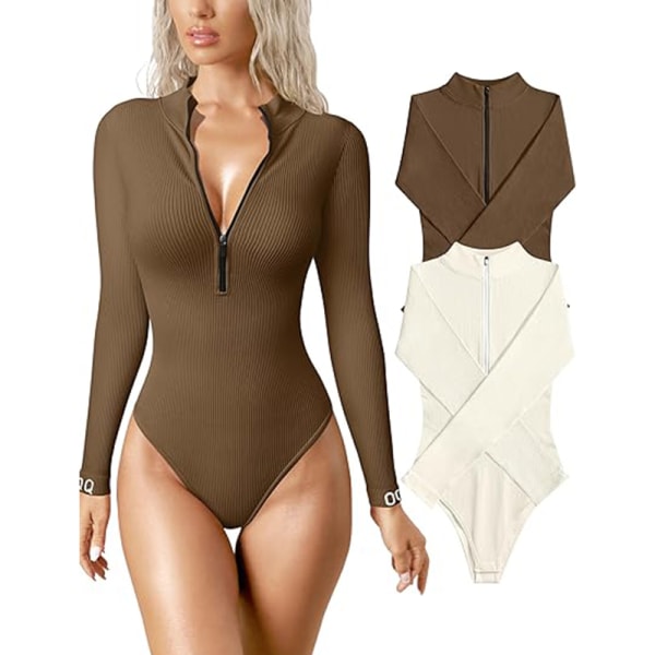 2-delade bodysuits för kvinnor Sexiga ribbade bodysuits i ett stycke med långa ärmar Light Brown+Beige S