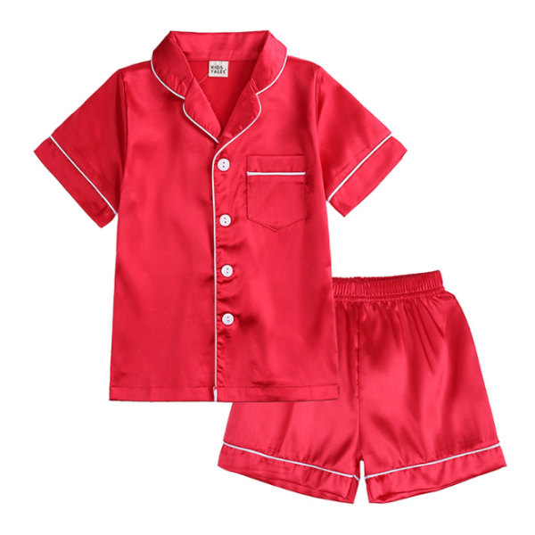 Pyjamas Set för Kid Button-up Silk Pyjamas Sovkläder Set Red 120cm