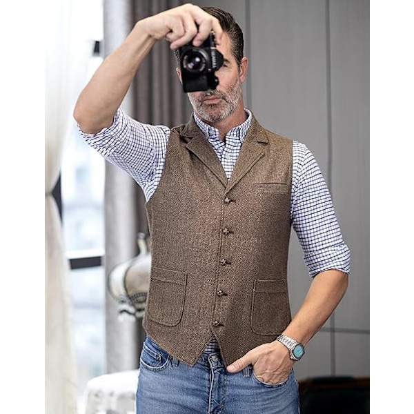 Mænds Tweed Vest Western Herringbone Uld Casual Vest brown S