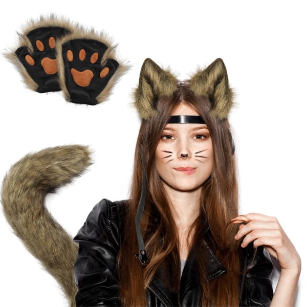 Kissankorvat ja -häntäsetti, keinotekoinen turkki, petoeläinten kynnet, cosplay, Halloween-juhlatarvikkeet Gray