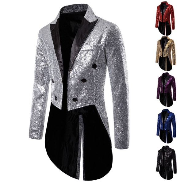 Miesten Sekvenssitaittotakki Swallowtail Puku Takki Juhla Show Tuxedo Pukeutumistakki Blazer silver L