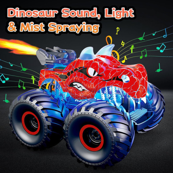 Dinosaur fjärrkontroll billeksak, 2,4 GHz monstertruckar med ljus, ljud och spray Red