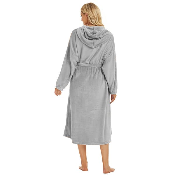 Dobbeltsidet Fleece Hættebadekåbe – Lang Pullover Badekåbe med Bælte til Hjem og Hotel LightGrey