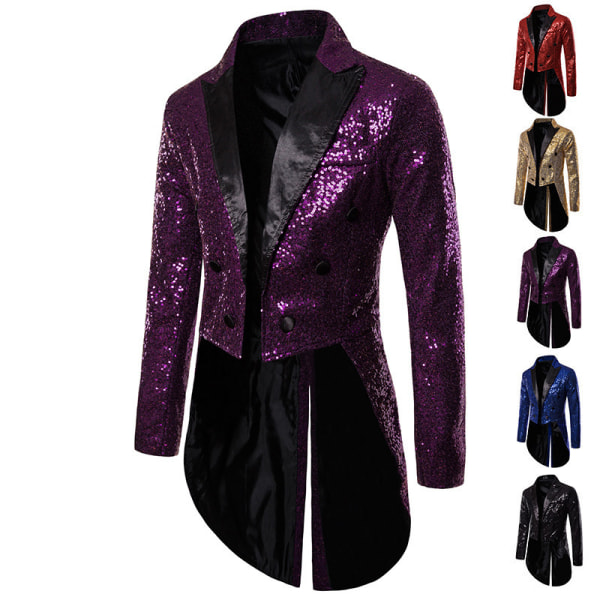 Herr paljettfrack Swallowtail kostymjacka Party Show Tuxedo Dress Coat Blazer purple M