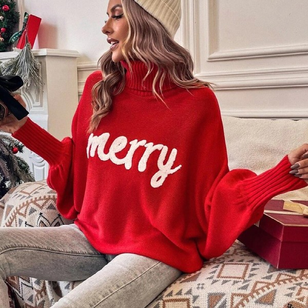 Damtröja med polokrage Merry Christmas Stickad Pullover Sweatshirt Red M