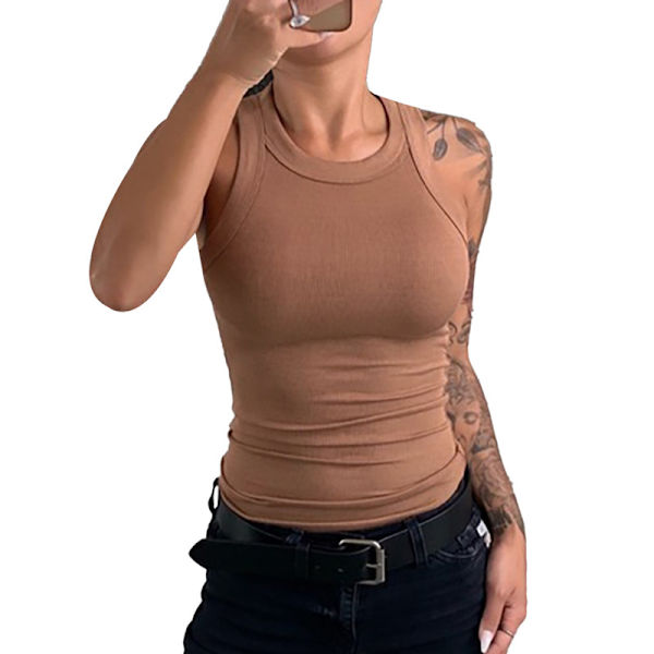 Naisten Yksivärinen Pyöreäkaulainen Ribattu Tank Top Camisole Naisten Kesä O-Kaulainen Tank Top Coffee M