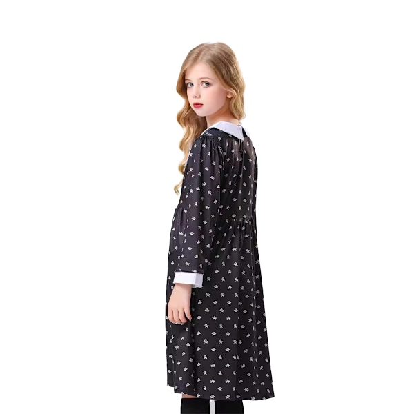 Pige Kjole Sort Blomstermønster Langærmet med Hvid Krave Kostume Cosplay Outfit 120cm