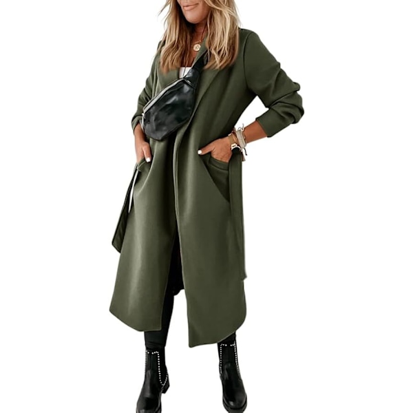 Kåpe for kvinner med reverskrage, åpen front og belte, lang jakke green XXL