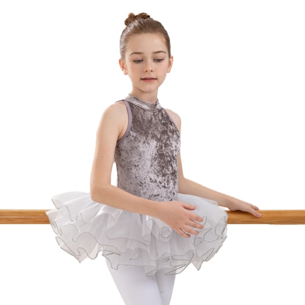 Flickor Småbarn Sammet Ärmlös Dans Balett Mesh Tutu Trikå Ballerina Outfit Grey 100cm