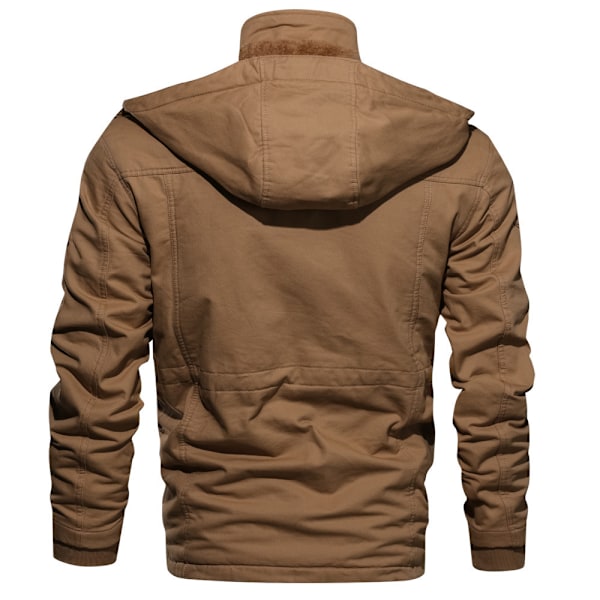 Herrar Vinterjacka Fleecefodrad Tjock Arbetsjacka Varma Cargojackor med Huva khaki 2XL