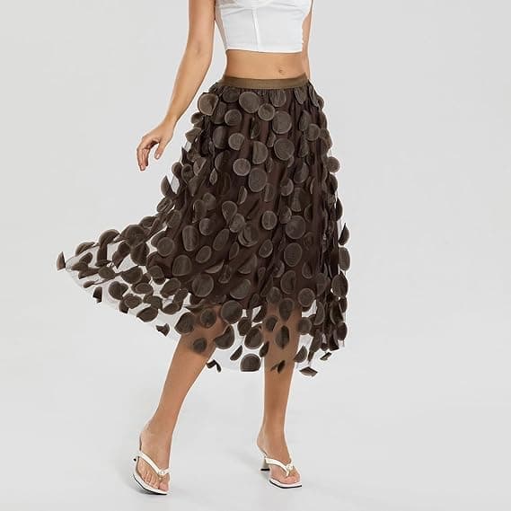 Tulle Skjørt Kvinder 3D Polka Dot Elastisk Talje Mesh Midi Skørter brown