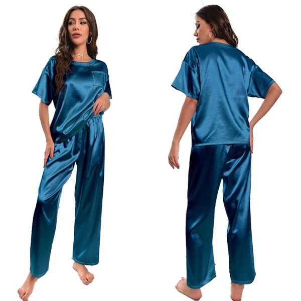 Kvinnors Satin Silky Pyjamas Set Kortärmad skjorta med långa Pyjamas Byx Set Black 2XL