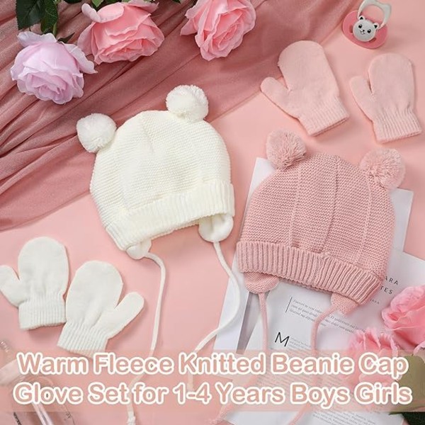 Nyfödda vintermössor, handskar, varma stickade mössor för toddler Pink