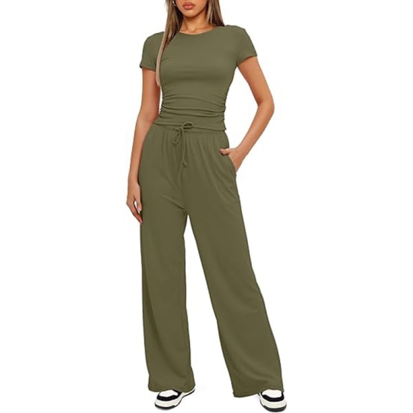 Kvinnors 2-delade outfits Loungeset Kortärmade toppar och byxor med vida ben med hög midja Träningsoverallsset Army Green S