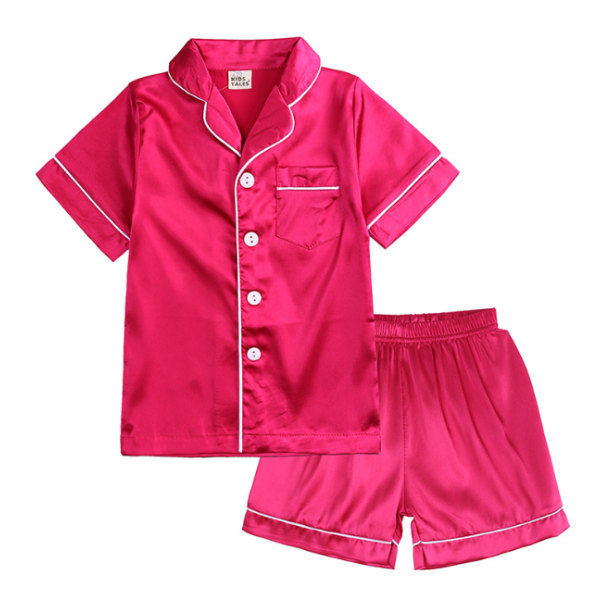 Pyjamas Set för Kid Button-up Silk Pyjamas Sovkläder Set Rose Red 110cm