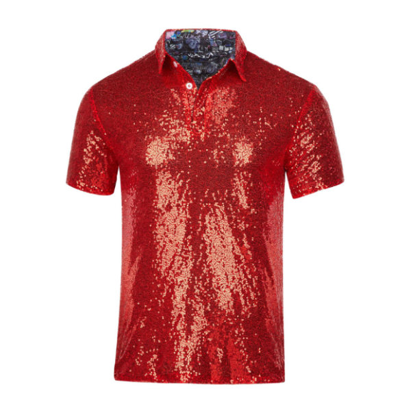 Menners Skinnende Sekvens Kort Ermet Turndown Glitter Polo T-skjorte Red 3XL