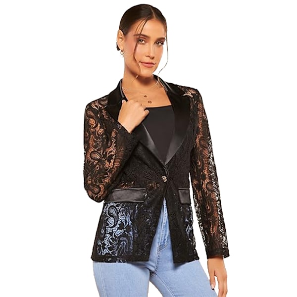 Blazer med blomstrete blonde og mesh for kvinner, lange ermer, elegant jakke M