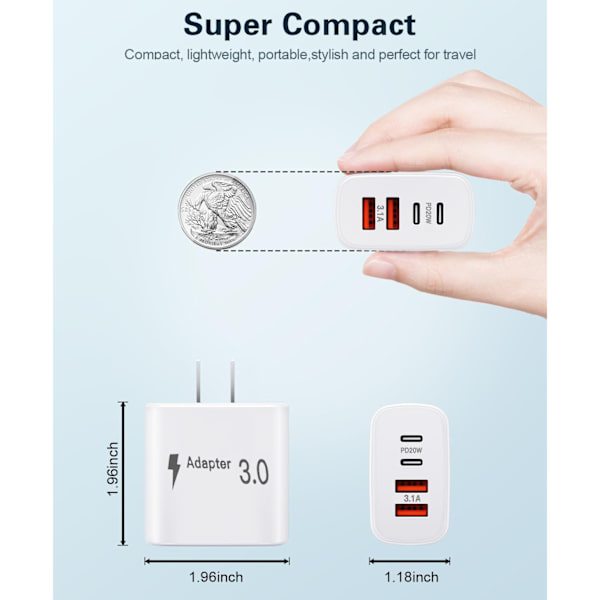 USB-C Snabbladdare, 55W 4-Port PD Väggladdare för iPhone, Samsung US