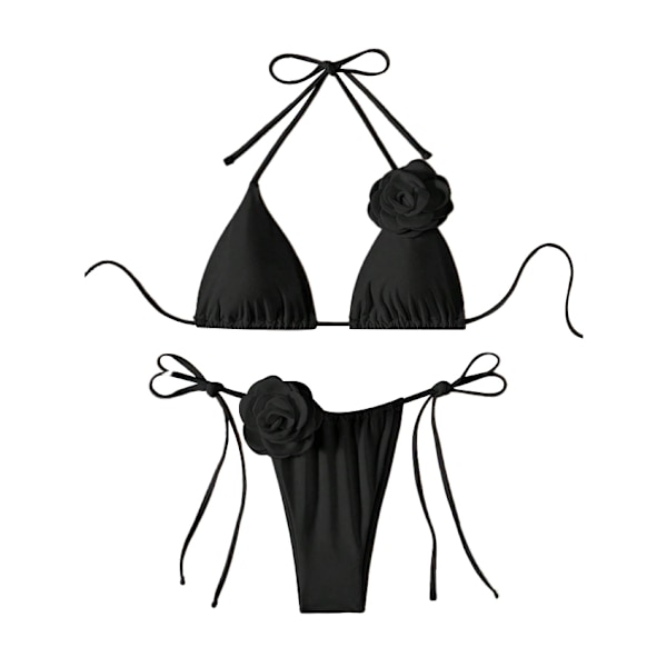 Dam 2-delad 3D Ros Bikini Baddräkt Hög Midja Badkläder Strandkläder Black L