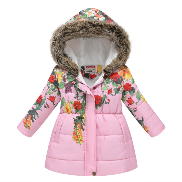 Vinterkappa för flickor med huva för barn med print i parkas ytterkläder Pink#2 120cm
