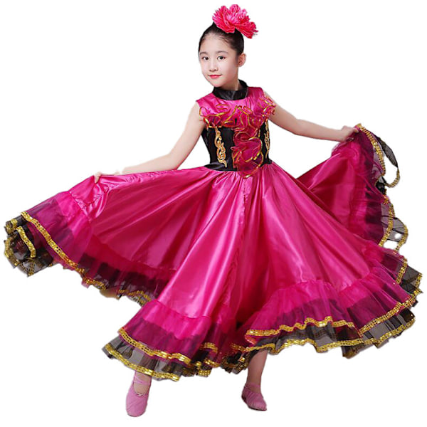 Tyttöjen Espanjalainen Flamenco-Härkätaisteluasu, Iso Heilahtava Mekko rose red 110
