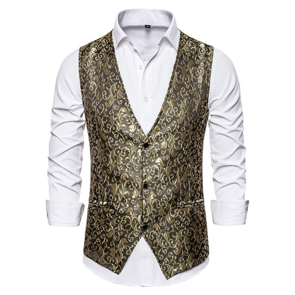 Herre Paisley Dress Suit Vest Blomster Victorian Smokingjakke Vest Gold S