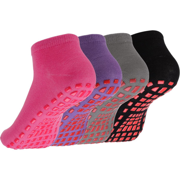 4 par halkfria yoga pilatesstrumpor, Yoga halkskydd för kvinnor Pink+Purple+Gray+Black 36-42