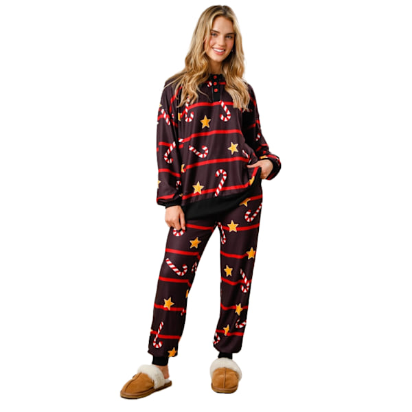 Dames Julepyjamas med Striber i Candy Cane-Stil - Lounge Set til Jul black M