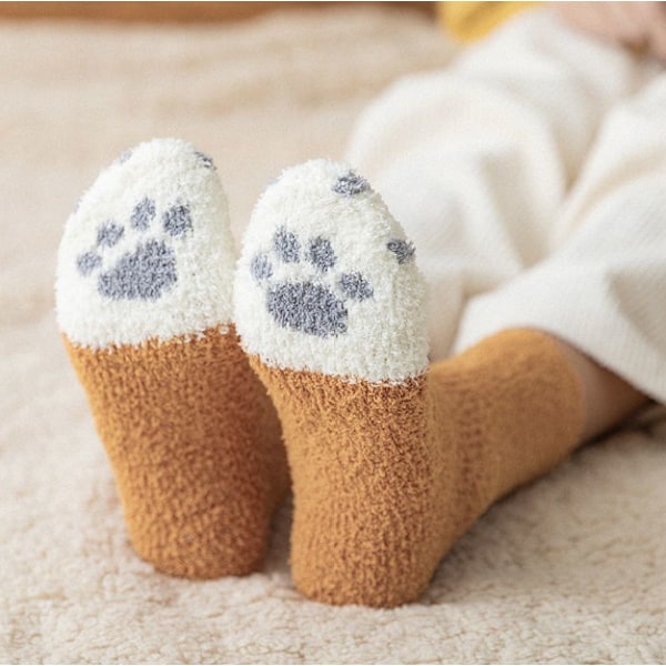 5 par Fuzzy Socks för Kvinnor Söta Katt Tassstrumpor Vinter Fluffiga Mysiga Strumpor