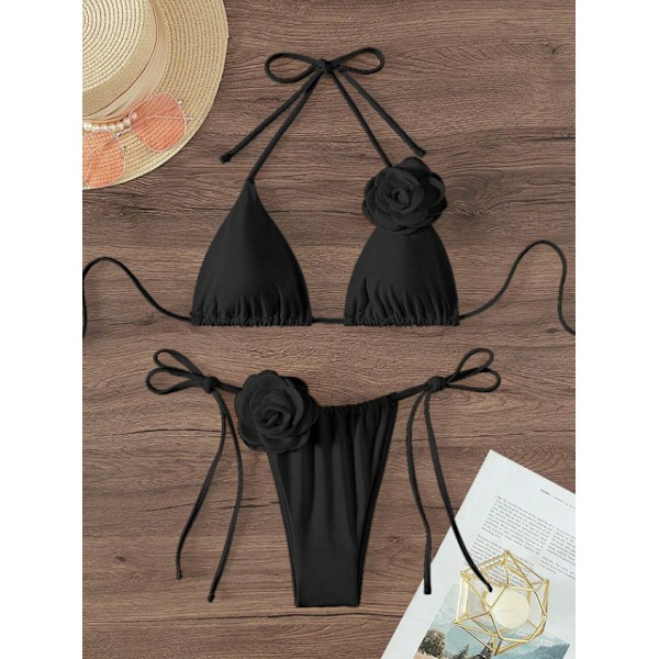 Dam 2-delad 3D Ros Bikini Baddräkt Hög Midja Badkläder Strandkläder Orange M