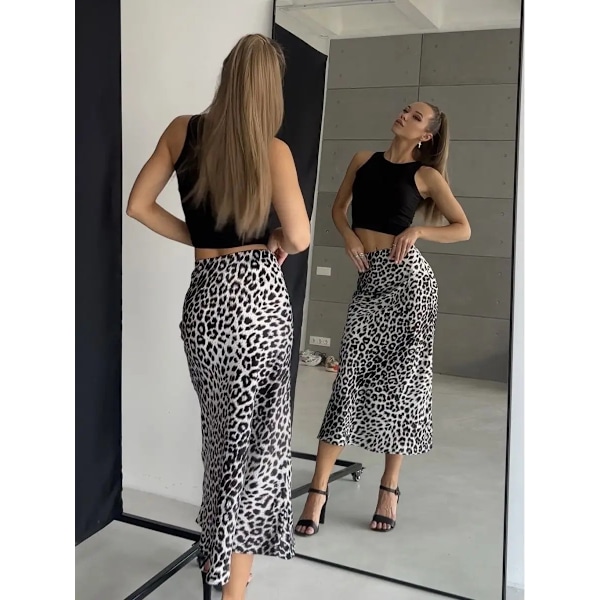 Sateng skjørt med leopardmønster, høy midje, elastisk midje, lang skjørt white M