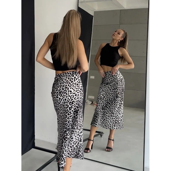 Satin Leopard Print Skjørt Højtaljet Elastisk Talje Langt Skjørt white M