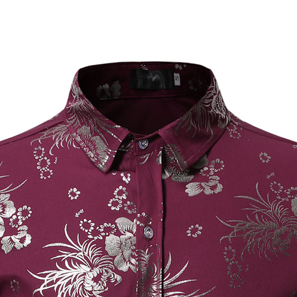 Lyxig skjorta för män med glänsande blommönster och knappar Wine Red L