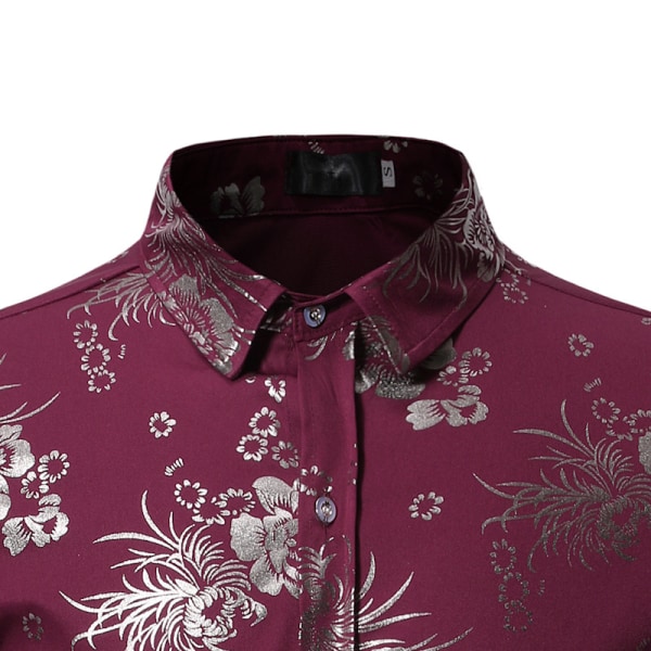 Lyxskjorta för män med glänsande blommiga printed skjortor med knappar Wine Red XL