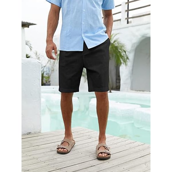 Herre Bomullslin Flat Front Shorts, Elastisk Midje Strandshorts black M