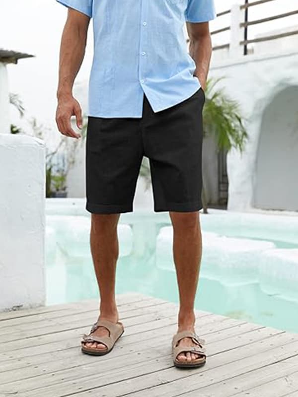 Mænds Bomuld Linned Flat Front Shorts, Elastisk Talje Strandshorts black 2XL