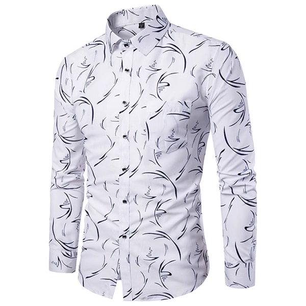 Modeherrskjorta Casual Blommig Bomulls Skjorta för Män White 4XL