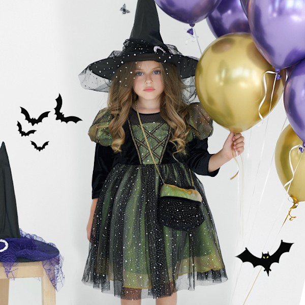 Jente Halloween Cosplay Skinnende Puff-Erme Prinsessekjole med Veske 100cm