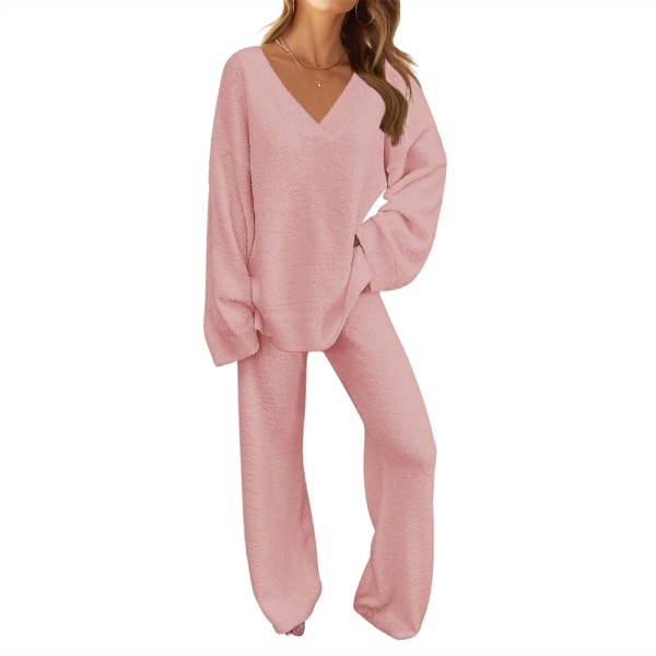 Kvinnors 2-delade outfits Fuzzy Fleece Pyjamas Set Långärmad Loungewear Pink 2XL