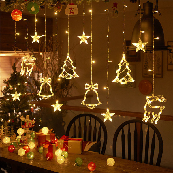 Jul LED Gardinljus, LEDs Star Jingle Bell Älg Xmas Tree Fönsterljus Warm White