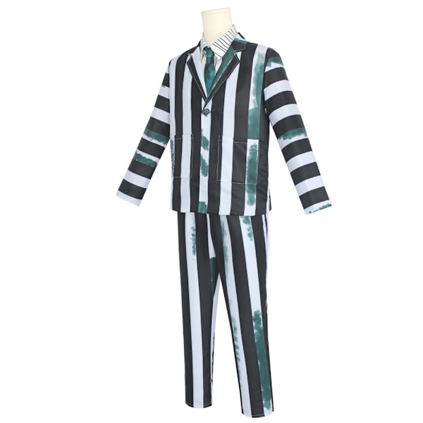 4-delt Beetlejuice-kostyme for menn - svart og hvitt stripete dress Green XS