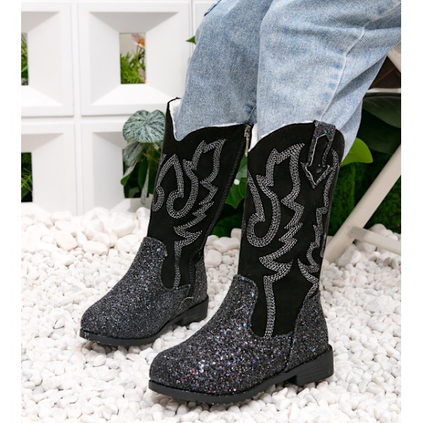 Flickiga Cowgirl-stövlar för flickor Unisex-barn Mid Calf Glitter Toddler Cowboy Boot black 26