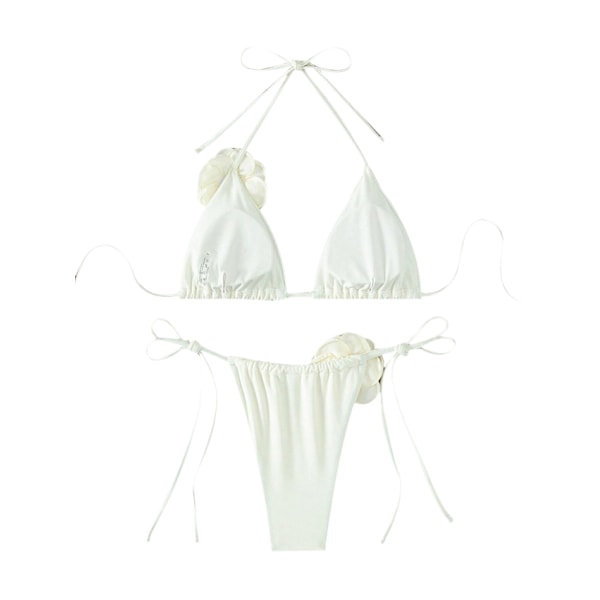 Dam 2-delad 3D Ros Bikini Baddräkt Hög Midja Badkläder Strandkläder White L