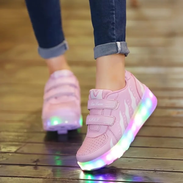 Girl Boy LED Light Up Roller Shoes, löstagbara skridskoskor för barn Pink 30
