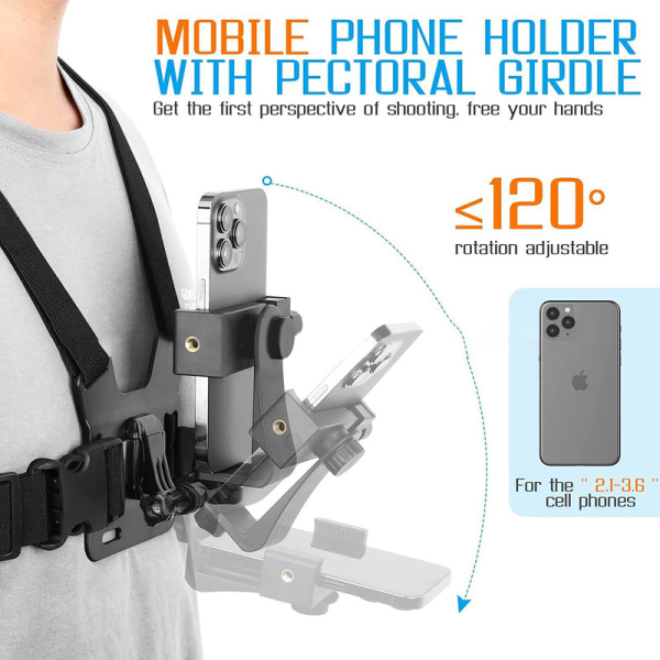 Mobiltelefon Bröstrem Sele Mount Head Strap Hållare Kit för POV/VLOG, mobiltelefon