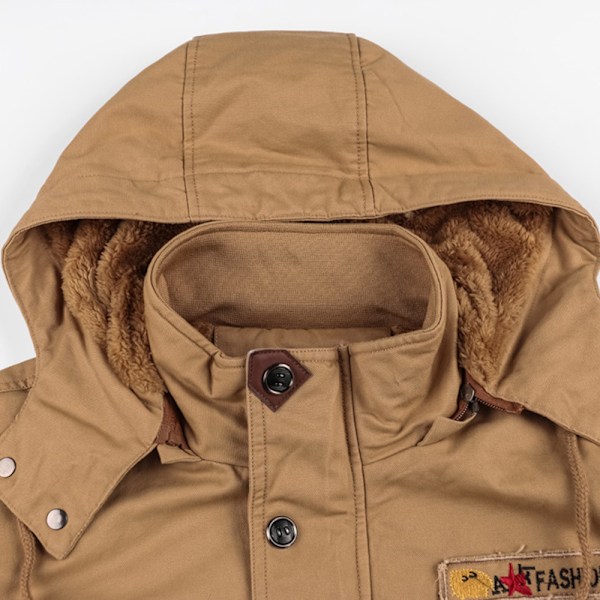 Herrar Vinterjacka Fleecefodrad Tjock Arbetsjacka Varma Cargojackor med Huva khaki 4XL