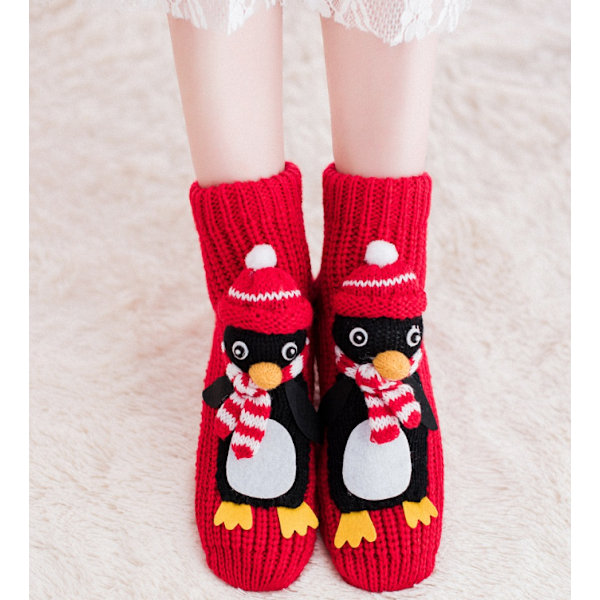 Dame Strikkede Sokker Vinter Varme Jul 3D Tegneserie Dyr Strømpe Red Penguin