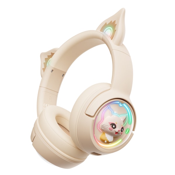 Cat Ear Bluetooth hörlurar Trådlösa RGB Cute Kitty Headset Over-Ear-hörlurar Beige