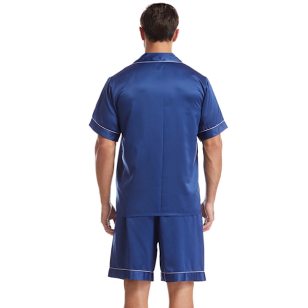 Mænds Silke Satin Pyjamas Sæt Kortærmet Skjorte Top og Shorts navy blue M